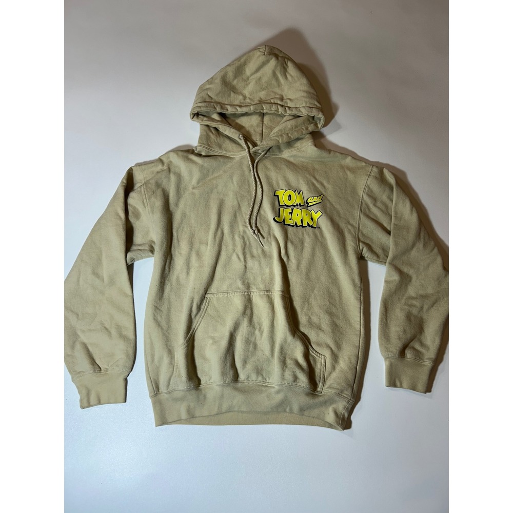 Tom and Jerry Hoodie Men's Size Small Tan Graphic Pullover Sweatshirt